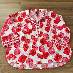 Talbots Floral Popover Blouse Pink Cotton Lightweight Gold Buttons Shirt XL NEW